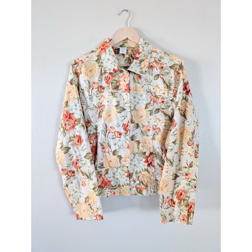 Floral Linen Cotton Light Jacket L Coldwater Creek Cottage Vacation Beach‎ Coast